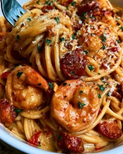 Plat de spaghetti crémeux au poivron, chorizo et crevettes